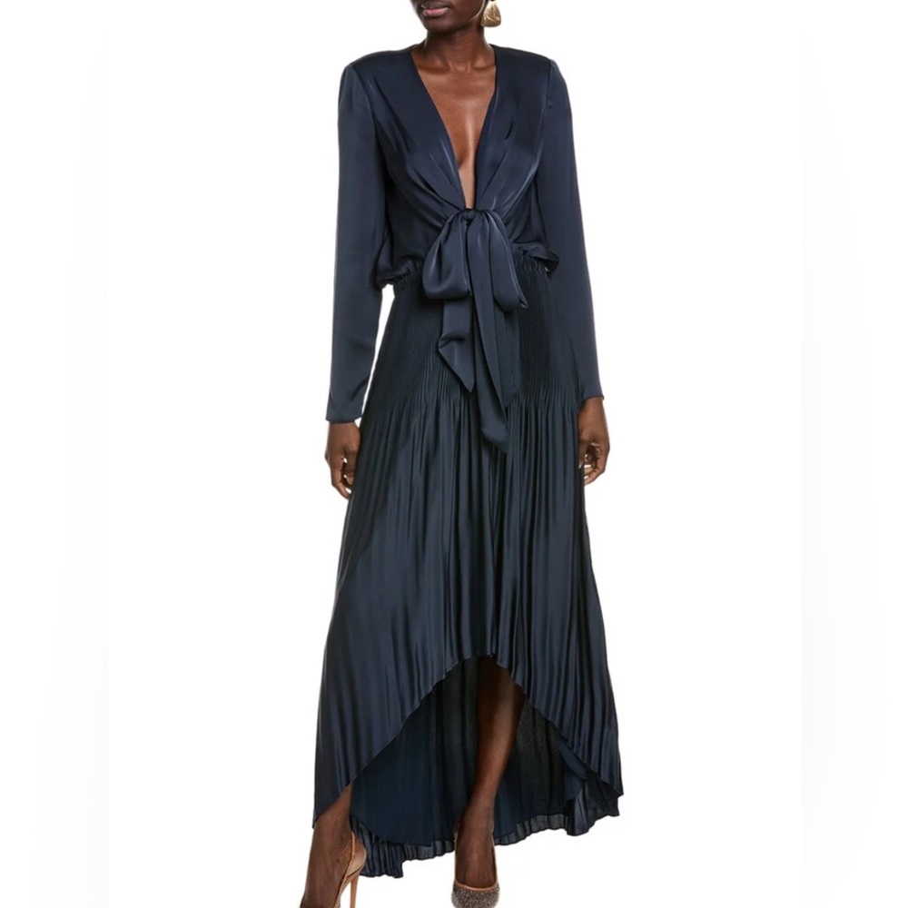 Ramy Brook Blue Pleated Wrap Gown with Bishop Sleeves